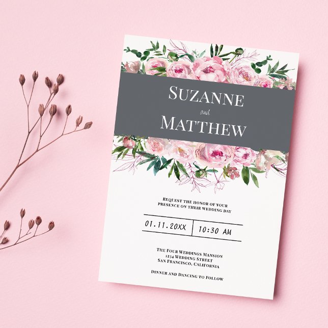Elegante Rosa Korallenpest Hochzeit im Sommer Einladung (Elegant pink coral peony floral summer wedding)