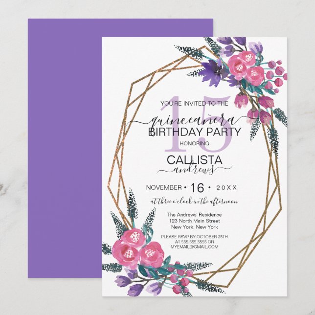 Elegante rosa Lila Aquarellfarben Blume Quinceañer Einladung (Vorne/Hinten)