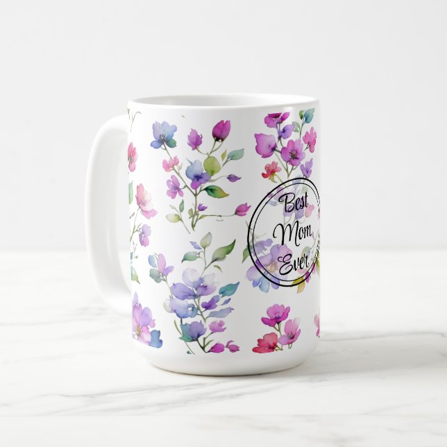 Elegante rosa lila Aquarellfarben Wildblumen Mama Kaffeetasse (Vorderseite Links)