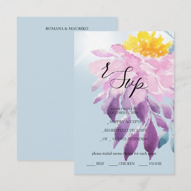 Elegante Rosa Lila Blau Dahlia RSVP Karte (Vorne/Hinten)