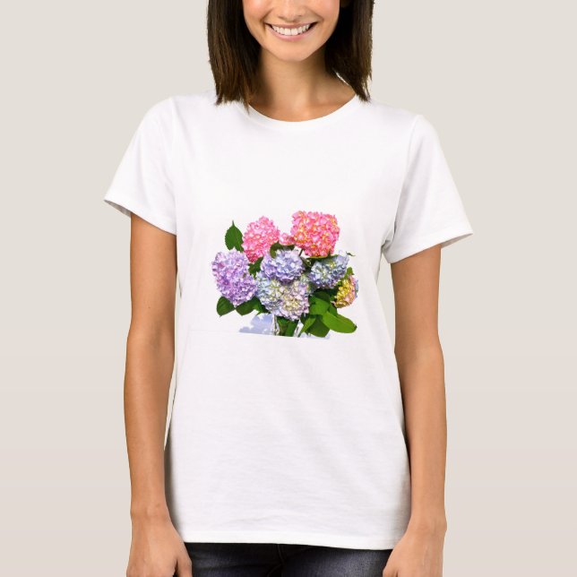 Elegante, rosa, lila blaue Blüten Blumenhydrangeas T-Shirt (Vorderseite)