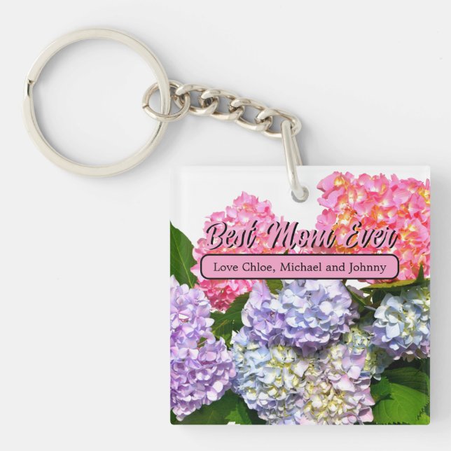 Elegante, rosa, lila-blaue Blütenblätter Hydrangea Schlüsselanhänger (Vorderseite)