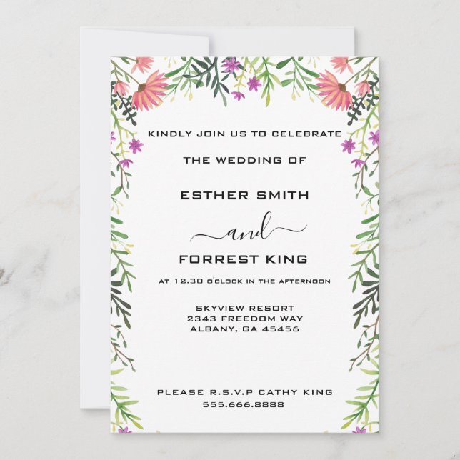 Elegante, rosa, Lila und grüne Blütenhochzeit Einladung (Vorderseite)