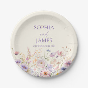Elegante rosa lila Wildblumen-Wiese Hochzeit Pappteller