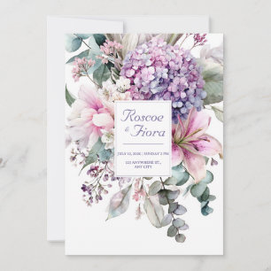 Elegante rosa Lilie lila Hortensie Aquarell Einladung