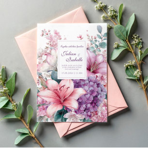 Elegante rosa Lilie lila Hortensie Flieder Einladung