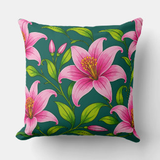 Elegante rosa Lilienblume mit grünem Laub Kissen