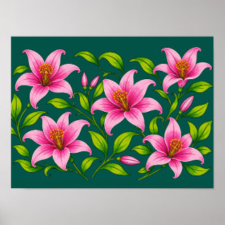 Elegante rosa Lilienblume mit grünem Laub Poster
