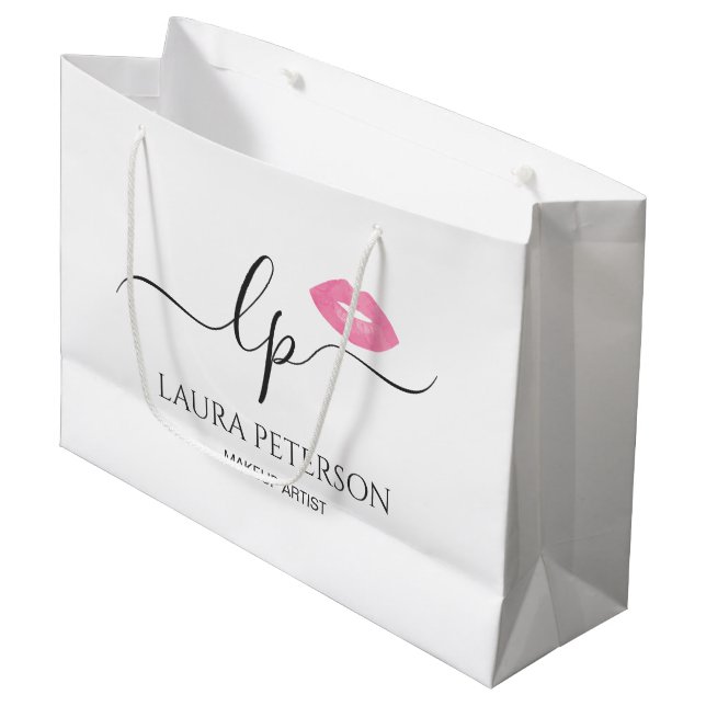 Elegante Rosa Lippen handgeschriebene Skriptkallig Große Geschenktüte (Vorderseite Schrägansicht)