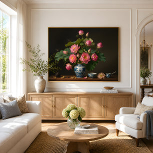 Elegante rosa Lotos-Ölgemälde in einer blauen Vase Poster