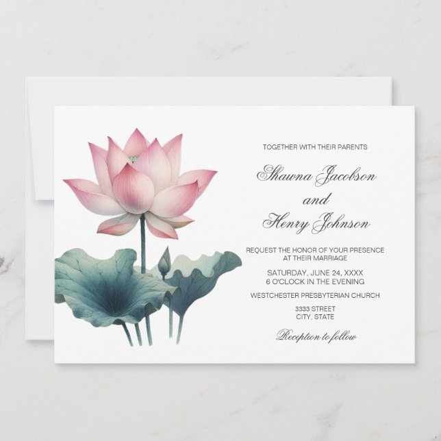 Elegante Rosa Lotus Blume Einladung Hochzeit (Vorderseite)