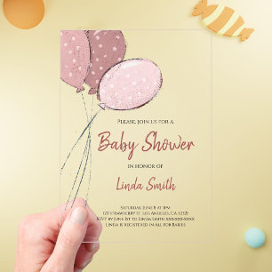 Elegante rosa Luftballons Mädchen Baby-Party Acryleinladungen