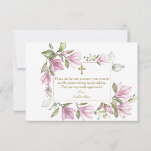 Elegante rosa Magnolia Blume Wreath Gold Taufe Dankeskarte