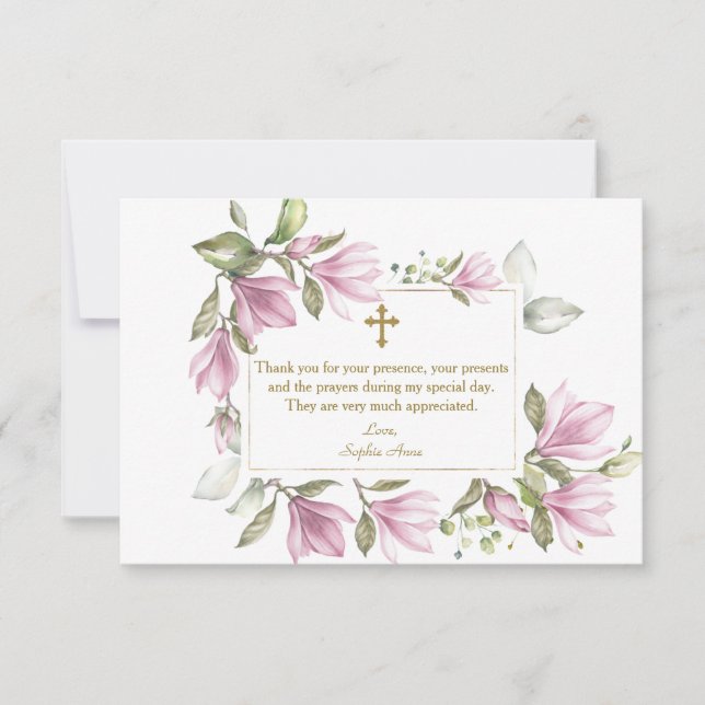 Elegante rosa Magnolia Blume Wreath Gold Taufe Dankeskarte (Vorderseite)