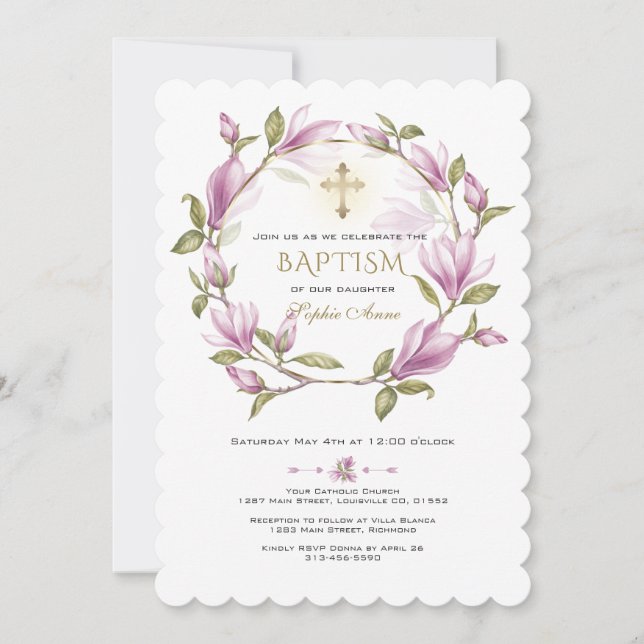 Elegante rosa Magnolia Blume Wreath Gold Taufe Einladung (Vorderseite)