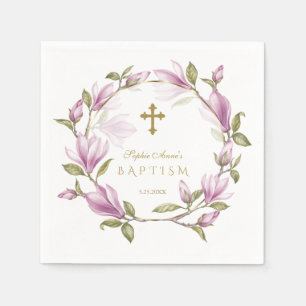 Elegante rosa Magnolia Blume Wreath Gold Taufe Serviette