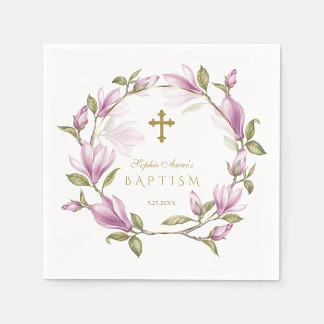 Elegante rosa Magnolia Blume Wreath Gold Taufe Serviette (Vorderseite)