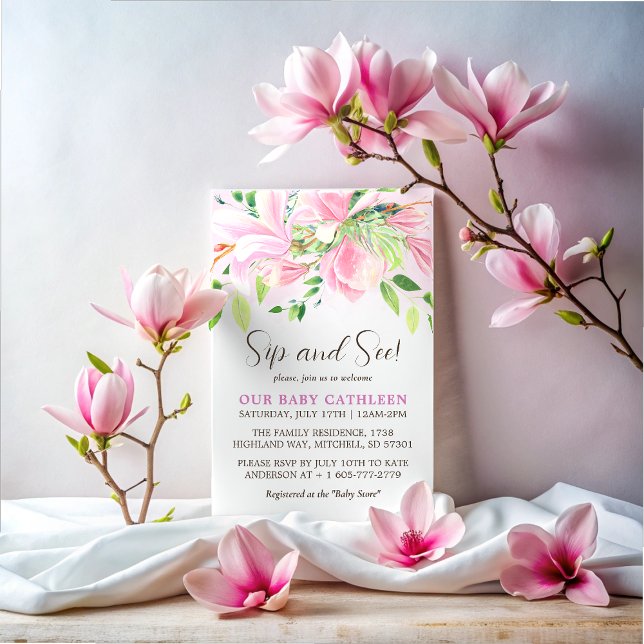 Elegante Rosa Magnolia Einladung (Elegant Pink Magnolia Watercolor Sip and See Invitation)