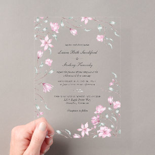 Elegante Rosa Magnolia Hochzeit der Blumen Acryleinladungen