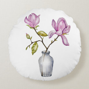 Elegante rosa Magnolie-Aquarell in Glasvase Rundes Kissen