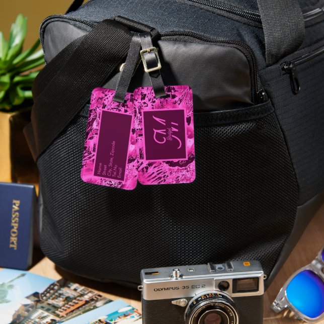 Elegante rosa Marmormor fett formatierte Monogramm Gepäckanhänger (Vorderseite & Rückseite)