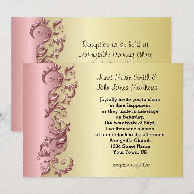Elegante rosa Mauve & Gold Florid Wedding Einladung (Vorne/Hinten)