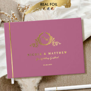 Elegante Rosa Mauve und Real Foil Monogram Wedding Gästebuch