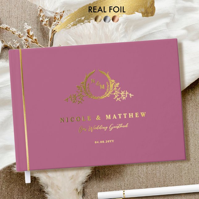Elegante Rosa Mauve und Real Foil Monogram Wedding Gästebuch (Von Creator hochgeladen)