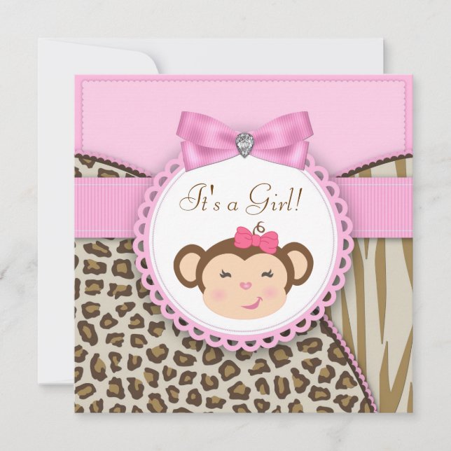 Elegante Rosa Monkey Baby Girl Dusche Einladung (Vorderseite)