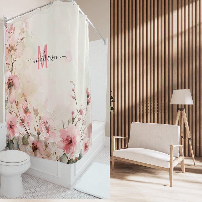 Elegante rosa Monogram Moderne SkriptWedding Custo Duschvorhang (Von Creator hochgeladen)