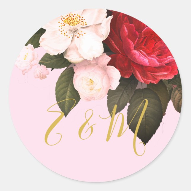 Elegante Rosa Monogram Wedding Runder Aufkleber (Vorderseite)