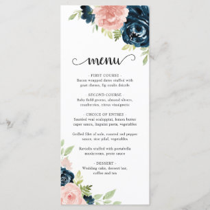 Elegante Rosa Navy Blau Florale Hochzeit Menükarte