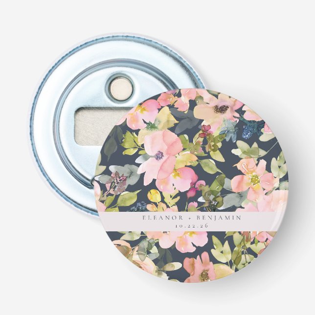 Elegante rosa Navy Wasserfarben Gewohnte Hochzeit Flaschenöffner (Vorderseite)