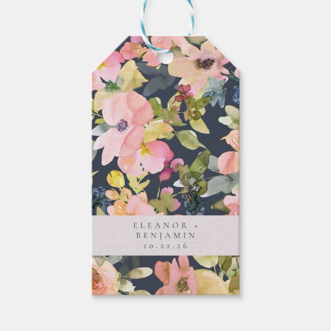 Elegante rosa Navy Wasserfarben Gewohnte Hochzeit Geschenkanhänger (Vorderseite)