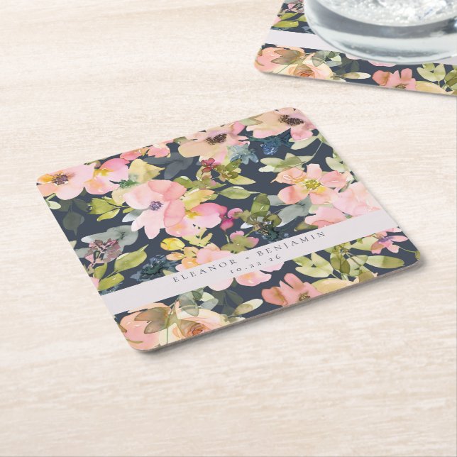 Elegante rosa Navy Wasserfarben Gewohnte Hochzeit Rechteckiger Pappuntersetzer (angewinkelt)