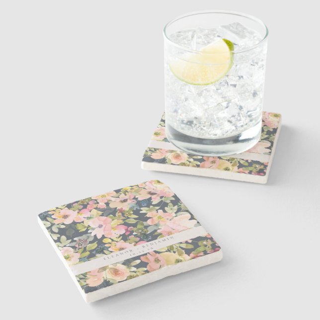 Elegante rosa Navy Wasserfarben Gewohnte Hochzeit Steinuntersetzer (Seitenansicht)