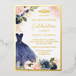 Elegante rosa navyblaue Blumen-Tiara-Kleid Quincea Folieneinladung