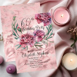 Elegante rosa Nelken 60. Geburtstagsparty Einladung<br><div class="desc">Elegantes rosa,  mauves und bordeauxfarbenes Design "60. Geburtstagsparty" mit einem blumengeschmückten Kranz aus mattierten Nelken.</div>