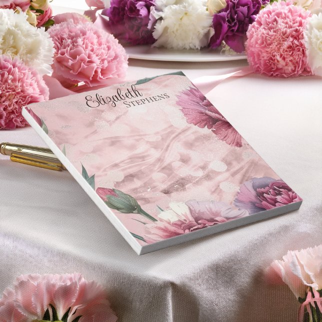 Elegante rosa Nelken Boho-Blumen - Name Notizblock (Personalized Carnation Floral Watercolor Notepad | Elegant Pink Mauve Burgundy Name Stationery)