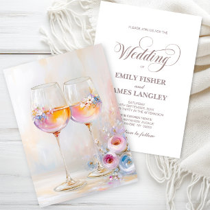 Elegante rosa-orange Blumen-Weingläser Hochzeit Einladung