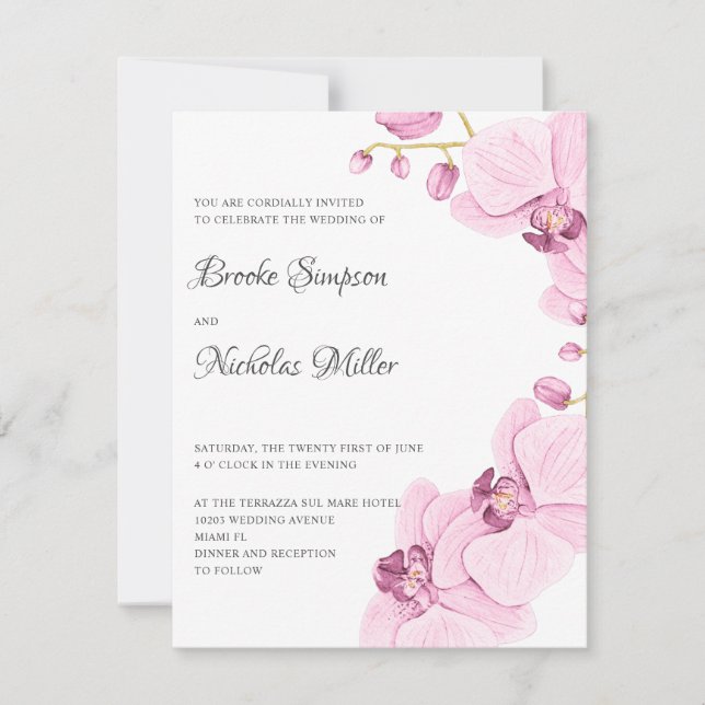 Elegante Rosa Orchidee Hochzeitsfeier Einladung (Vorderseite)