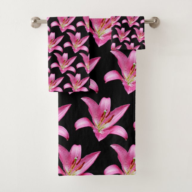 Elegante Rosa Orientalische Lily Lilium Stargazer  Badhandtuch Set (Insitu)