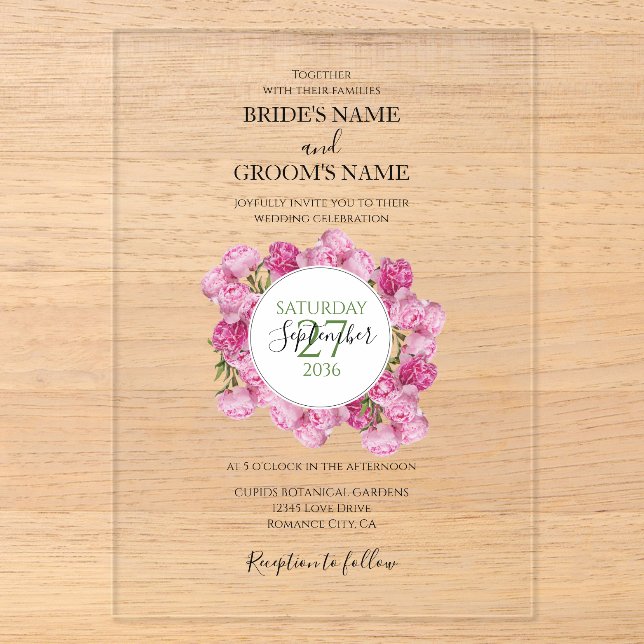 Elegante Rosa Peonies Hochzeiten Einladungen (Vorderseite)