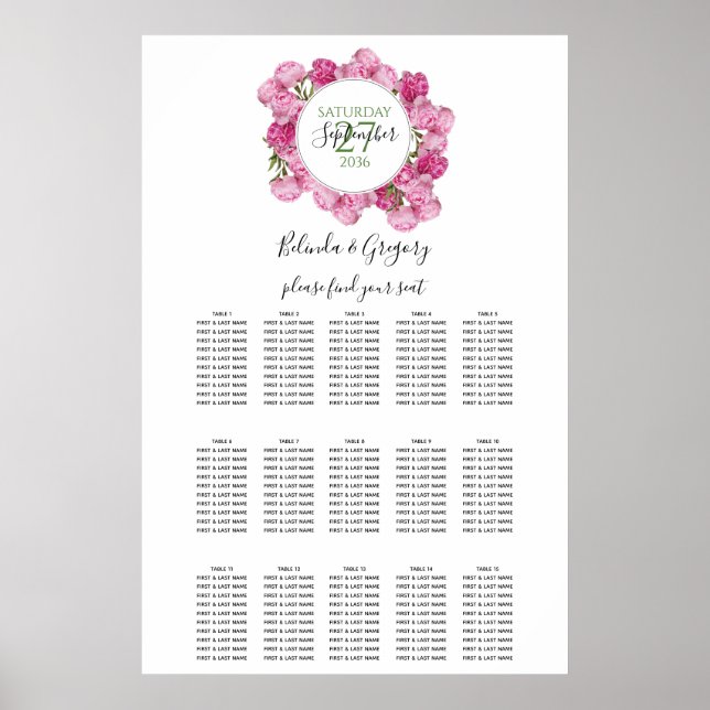 Elegante rosa Peonies Hochzeitstabelle Poster (Vorne)