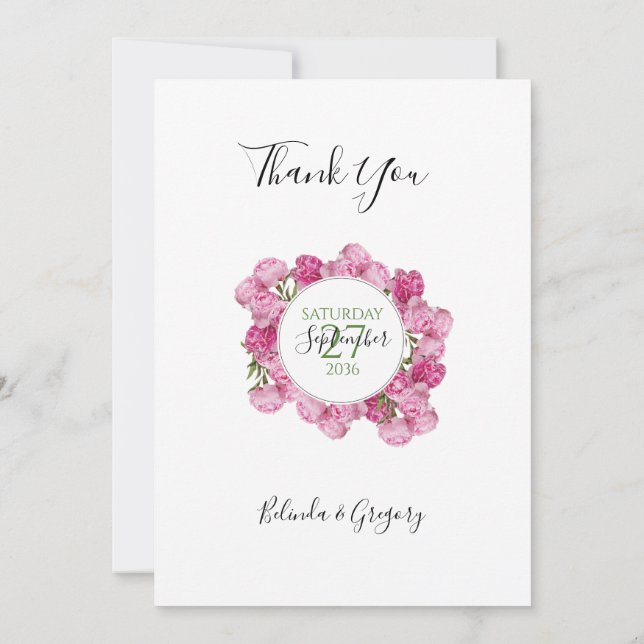 Elegante Rosa Peonies Wedding Dankeskarte (Rückseite)