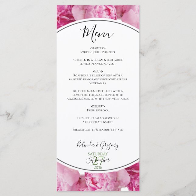 Elegante Rosa Peonies Wedding Menükarte (Vorderseite)
