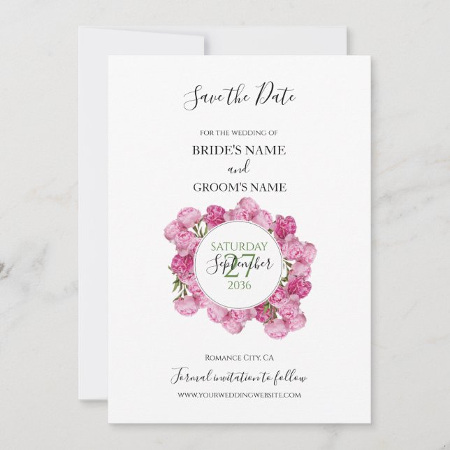 Elegante, rosa Peonies Wedding speichern das Datum Save The Date (Vorderseite)