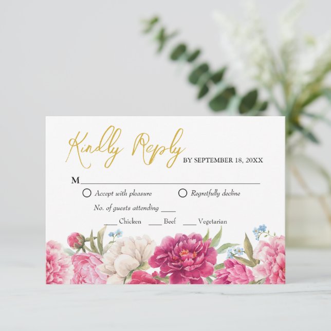 Elegante Rosa Peony Florals Wedding Reply RSVP Car (Stehend Vorderseite)