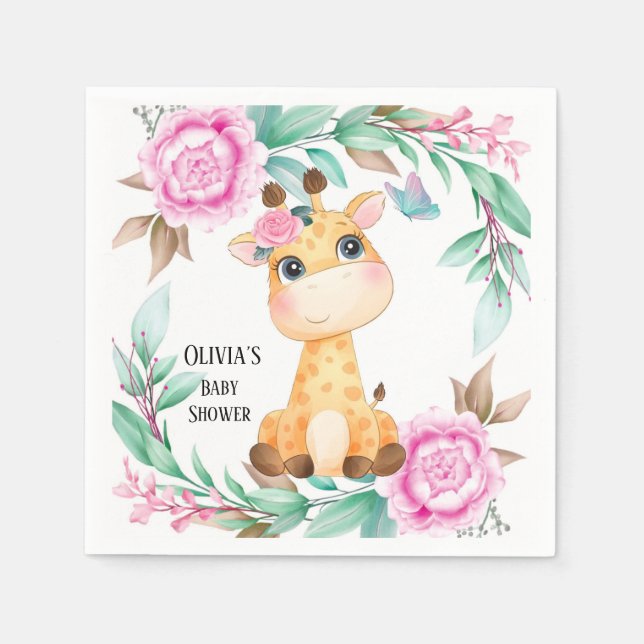 Elegante Rosa Peony und eine Niedliche Giraffe nac Serviette (Vorderseite)