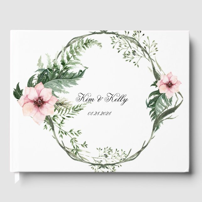 Elegante Rosa Peony und Grüne Fern Wedding Gästebuch (Vorderseite)